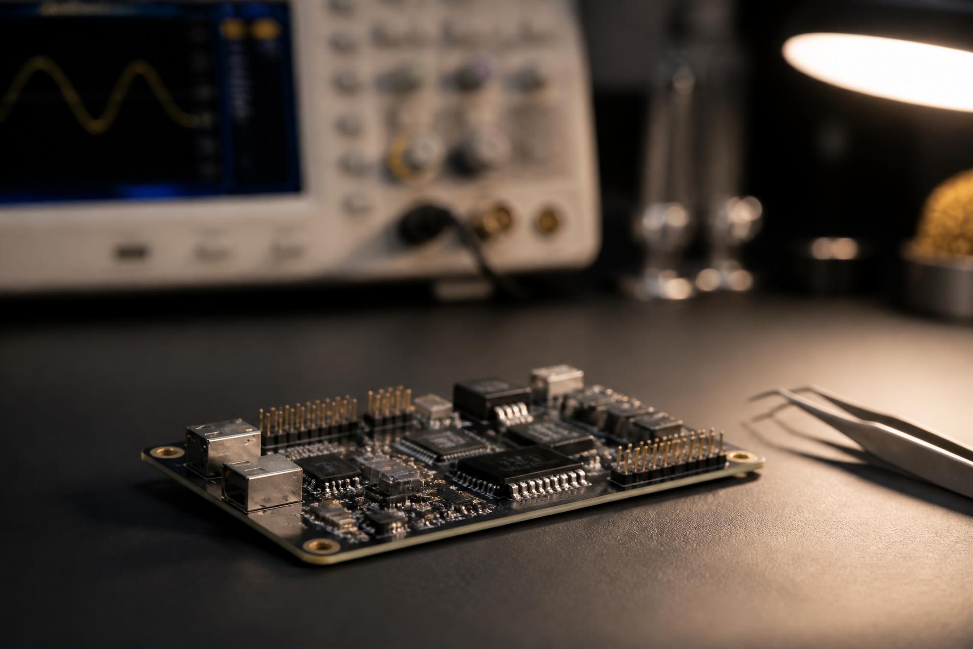 NexFaber engineering workbench with custom PCB and oscilloscope
